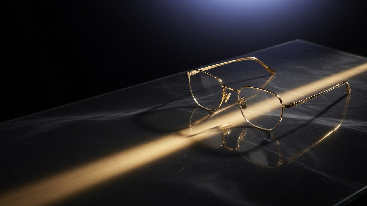 Gold optical eyeglasses on smoked black glass