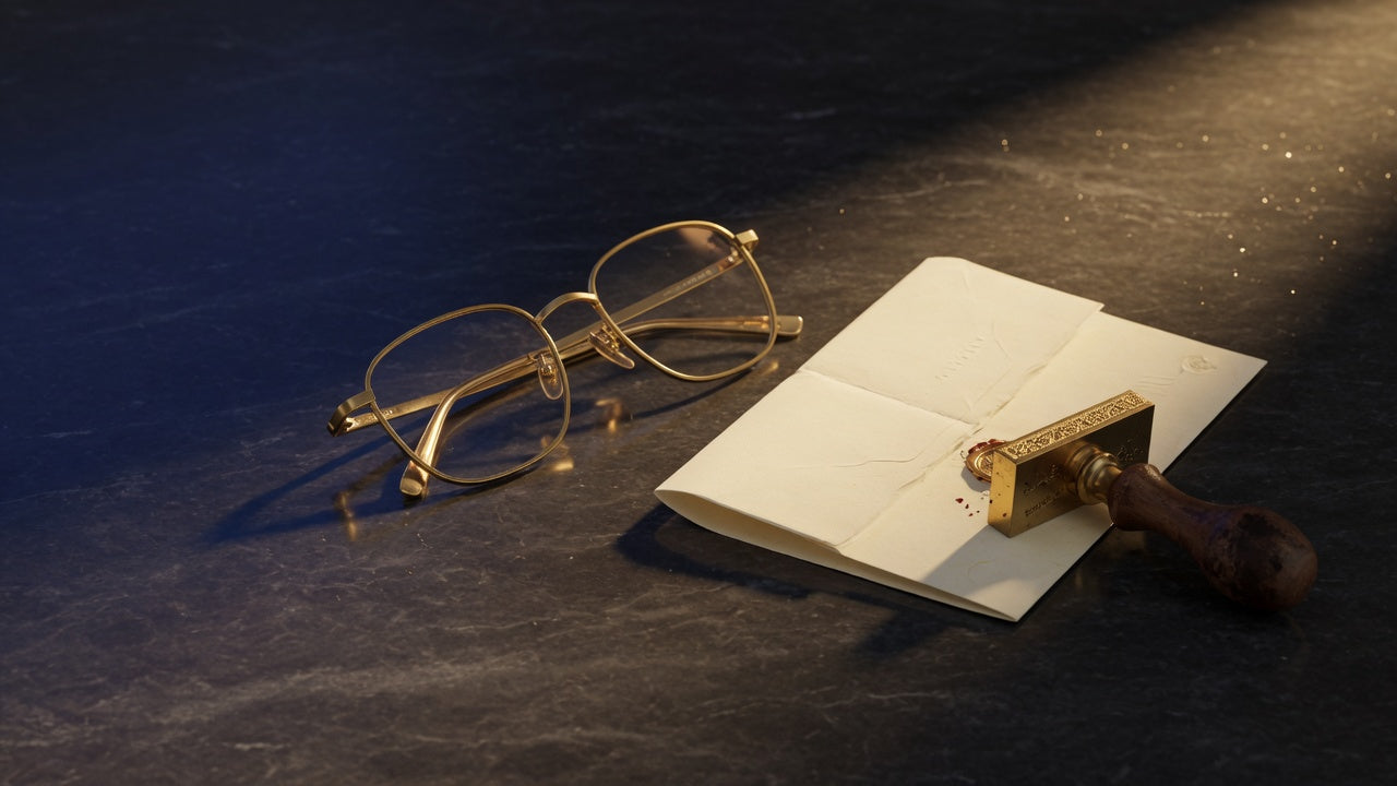 Gold eyeglasses beside a sealed cream card on dark stone